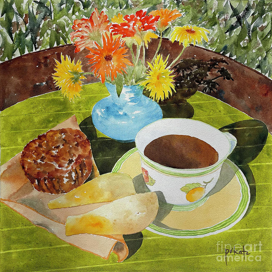 Calendulas And Coffee Painting by Pat Katz
