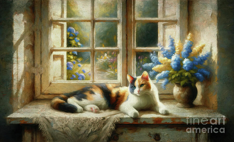 Calico Cat by the Window Mixed Media by Maria Angelica Maira