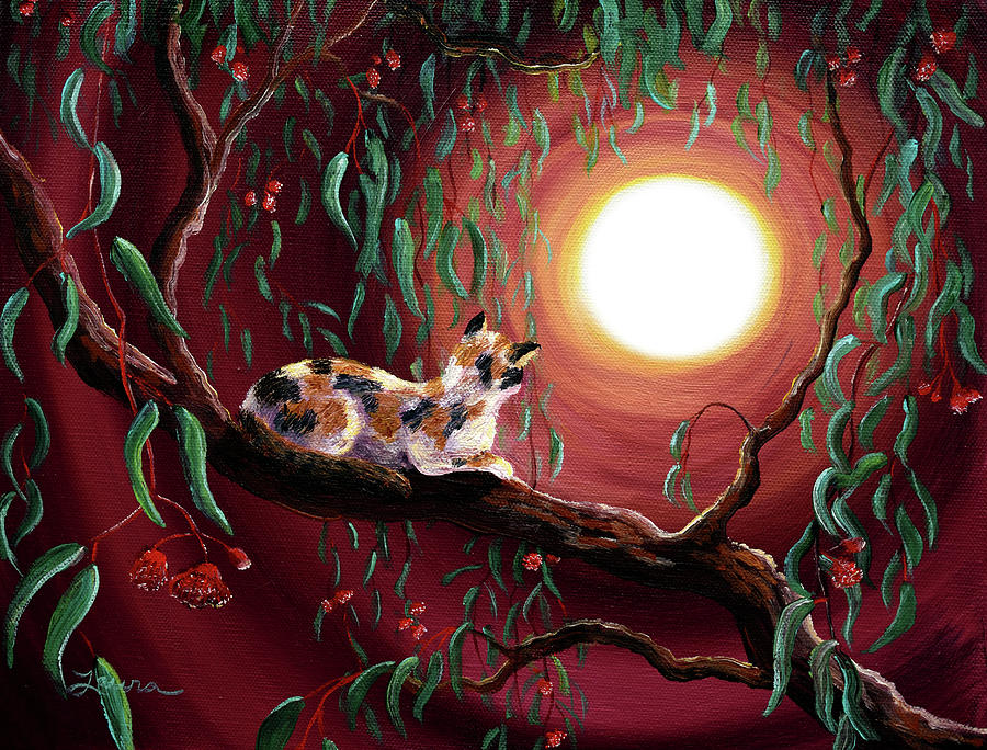 Calico Cat in Eucalyptus Boughs Painting by Laura Iverson