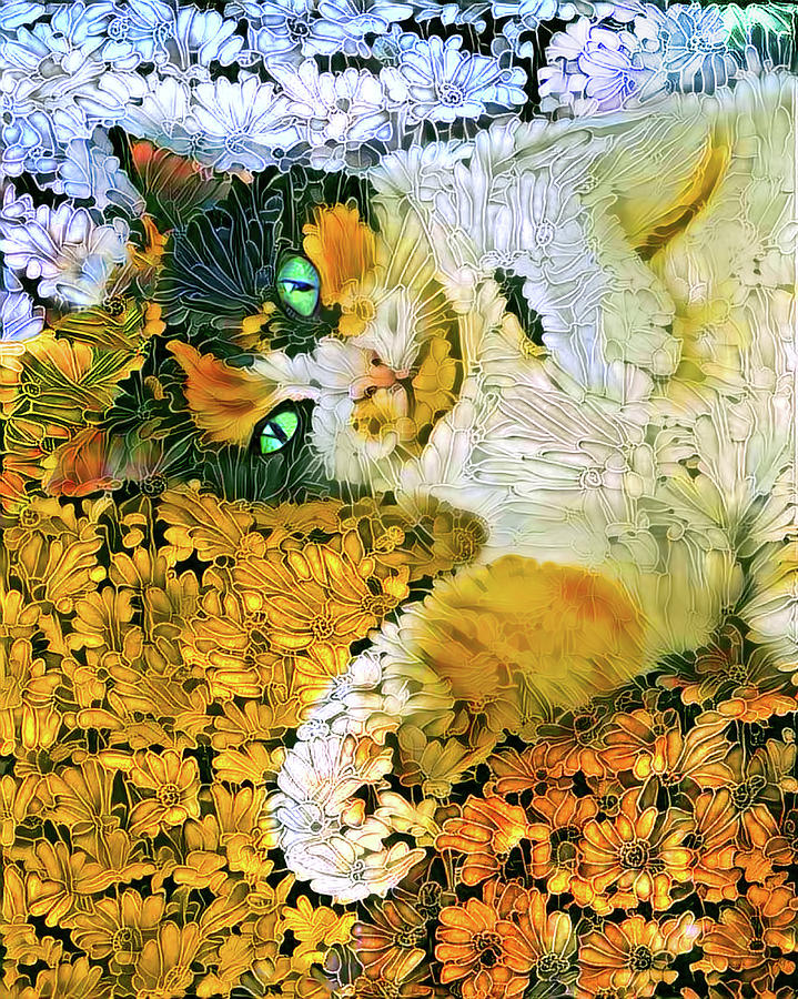 Calico Cat in the Flower Garden Digital Art by Peggy Collins