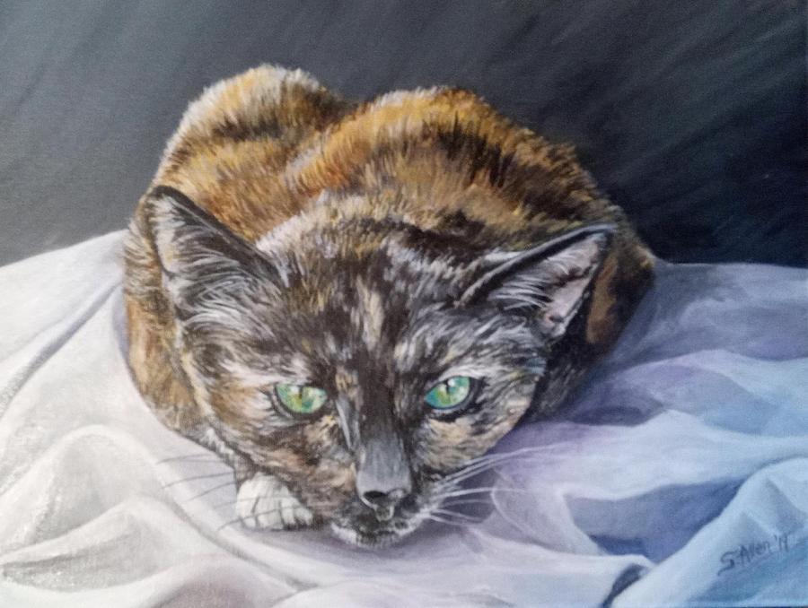 Calico Cat on Silk Sheet Painting by Sonya Allen