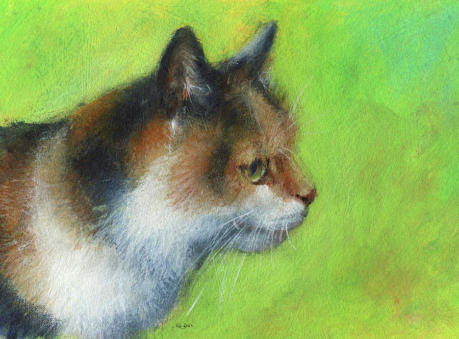 Calico cat portrait Painting by Karen Kaspar