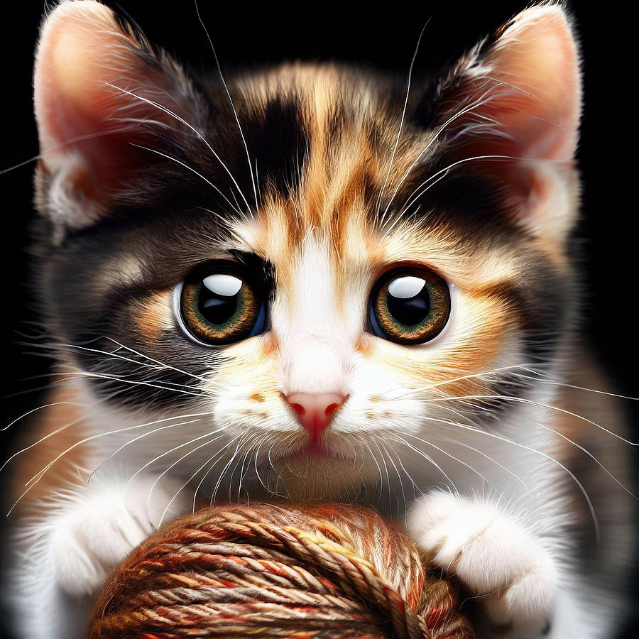 Calico Kitten With Yarn Digital Art