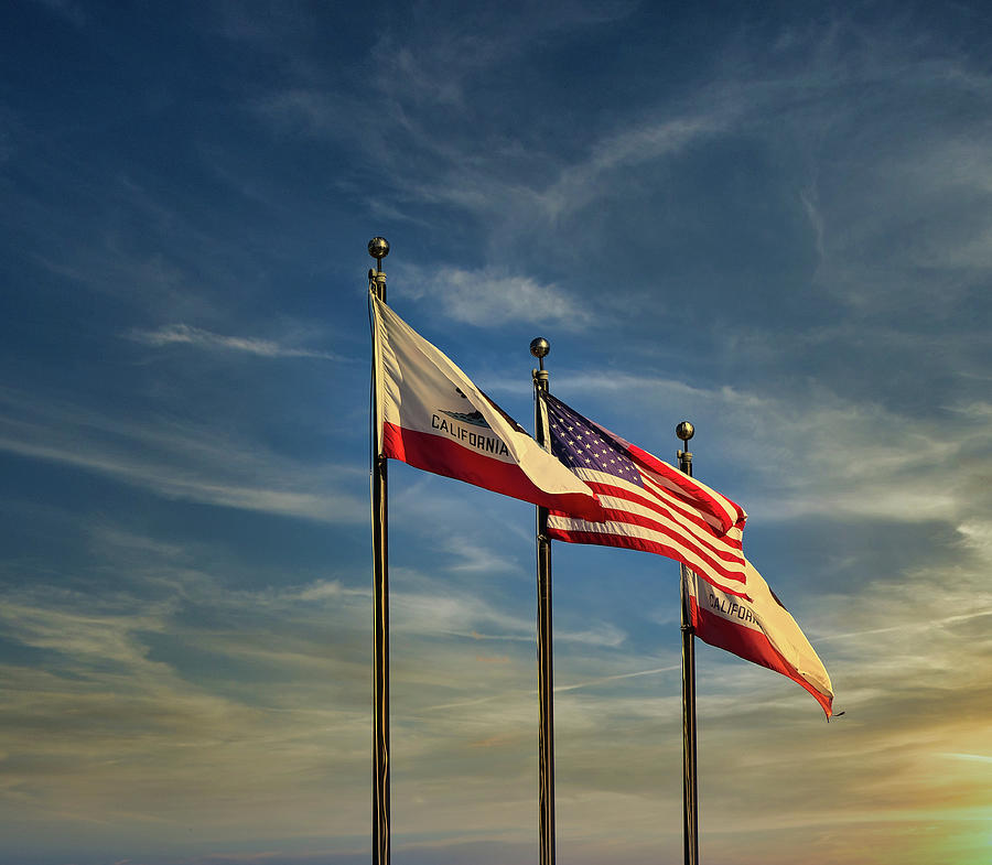 California and American Flags at Sunset Photograph by Darryl Brooks