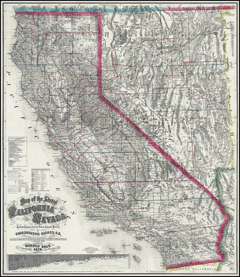 California Map Photograph - California and Nevada Vintage Map 1878 by Carol Japp