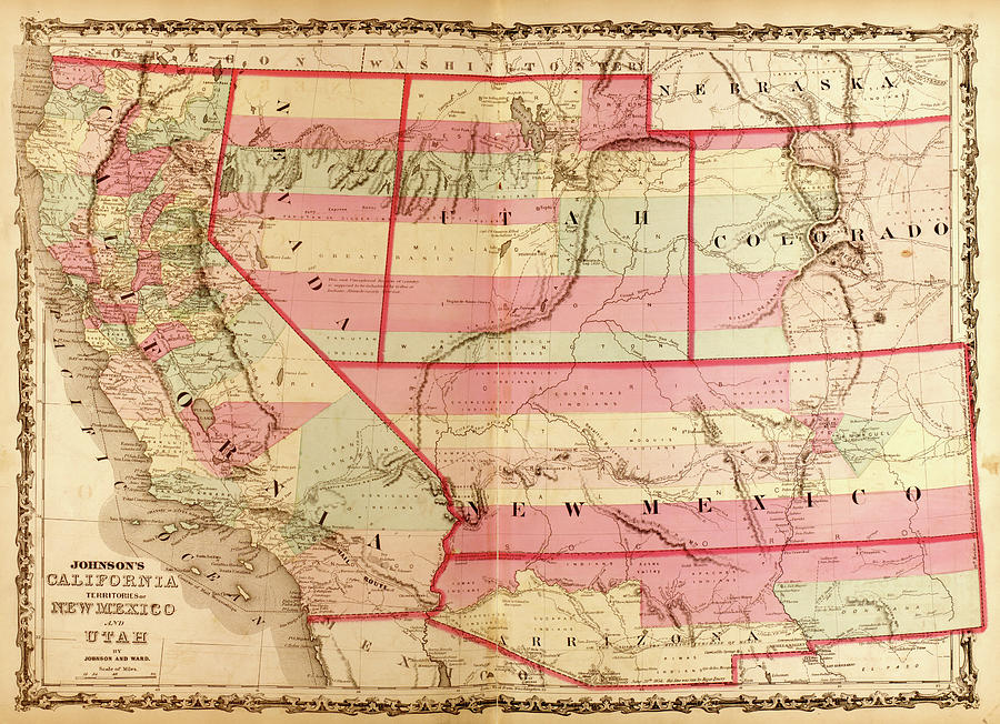 Map Drawing - California and the Territories of Utah and Mexico 1862 by Vintage Maps