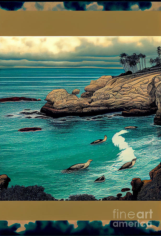 California  Coast  Seals  On  The  Rocks  In  The  Style  By Asar Studios Digital Art