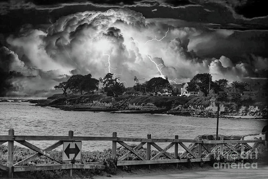 California Coastline BW Lightning Dramatic  Photograph by Chuck Kuhn