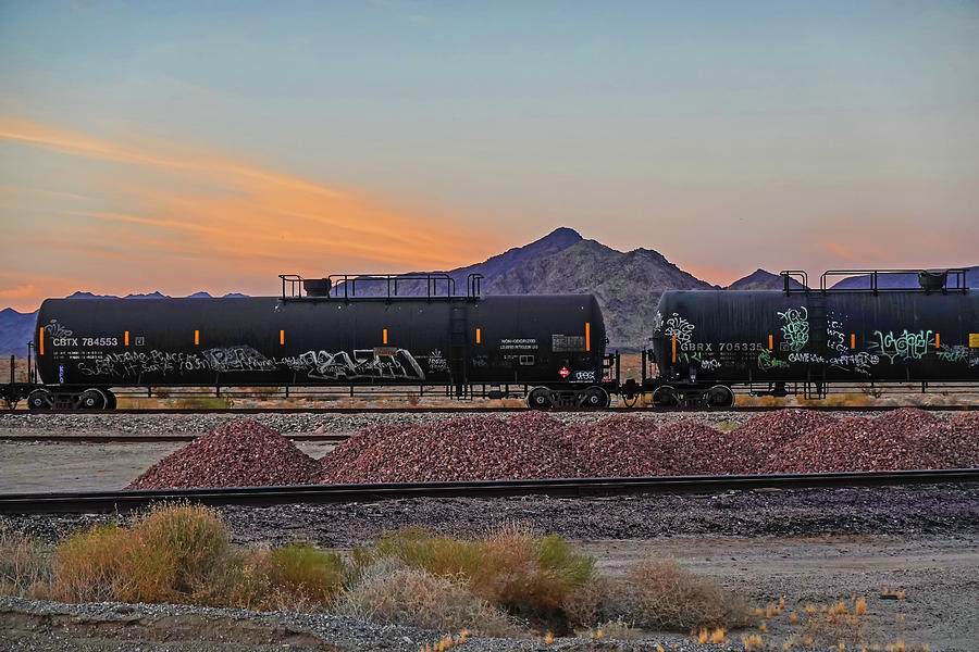 California Desert Graffiti trains in Rice California at Sunset Photograph by Toby McGuire