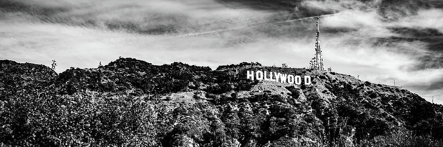 Black And White Photograph - California Hollywood Hills Sign Black and White Panoramic by Gregory Ballos