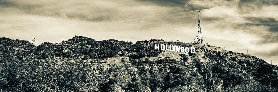 California Hollywood Hills Sign Panoramic In Sepia Photograph