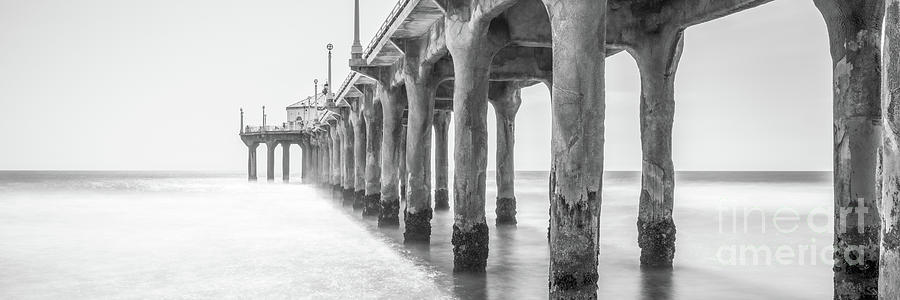 California Manhattan Beach Pier Black and White Panorama Photo Photograph by Paul Velgos