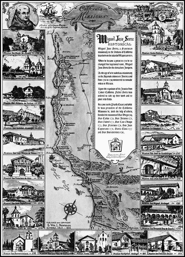 Vintage Photograph - California Missions Vintage Pictorial Map 1949 Black and White  by Carol Japp