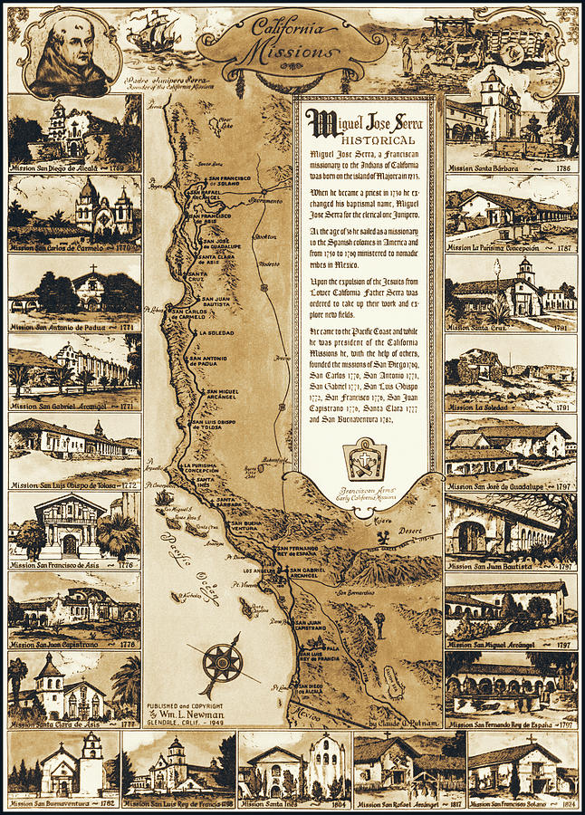 Vintage Photograph - California Missions Vintage Pictorial Map 1949 Sepia  by Carol Japp
