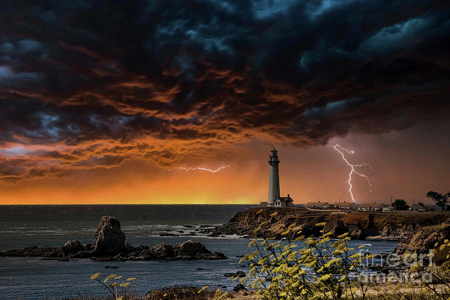 California Pigeon Point Lighthouse Lightning  Photograph by Chuck Kuhn