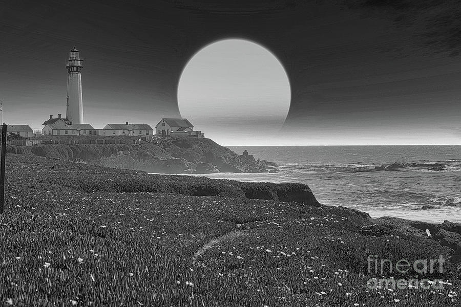 California Pigeon Point Lighthouse Moon BW Photograph by Chuck Kuhn