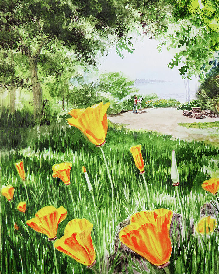Flower Painting - California Poppies Close Up Watercolor Landscape Flowers  by Irina Sztukowski