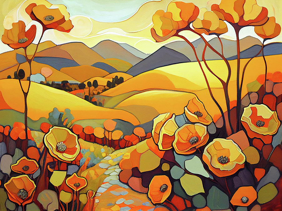 Poppy Painting - California Poppy Landscape by Naxart Studio