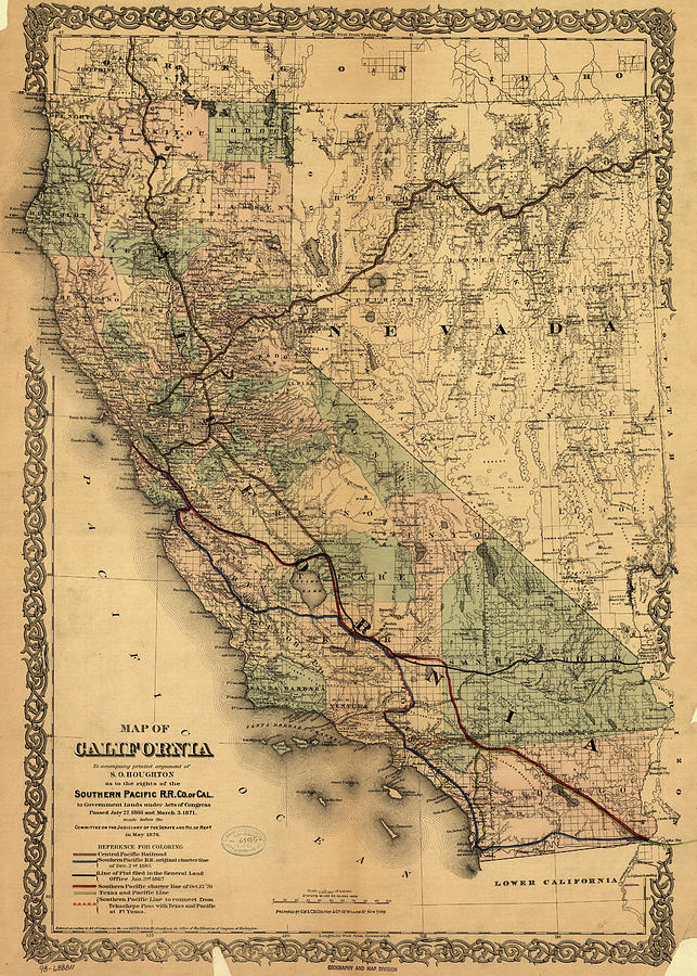 Transportation Drawing - California Southern Pacific 1876 by Vintage Maps