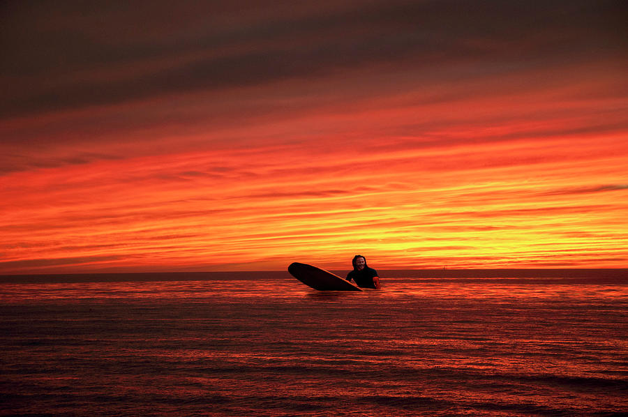 California Sunset With Surfer Photograph