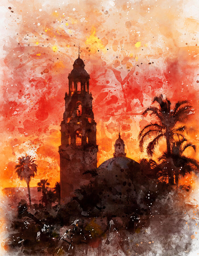 California Tower in Balboa Park, San Diego, at sunset - watercolor painting Digital Art by Nicko Prints California Tower in Balboa Park, San Diego, at sunset - watercolor painting Digital Art by Nicko Prints