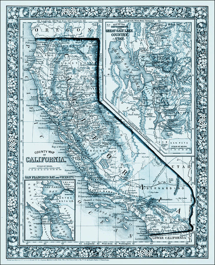 California Map Photograph - California Vintage County Map 1860 Ocean Blues by Carol Japp
