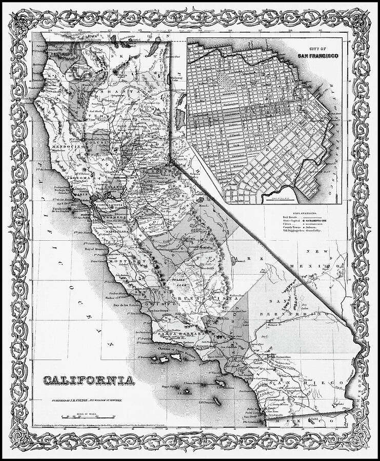 California Vintage Map 1855 Black and White Photograph by Carol Japp