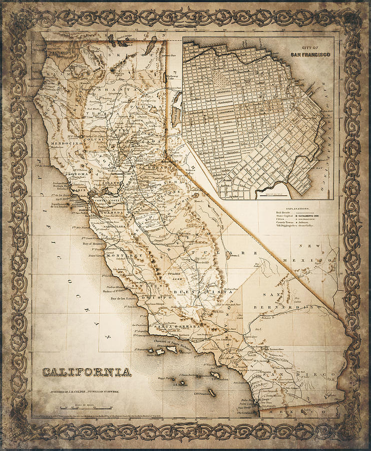 California Map Photograph - California Vintage Map 1855 Sepia  by Carol Japp