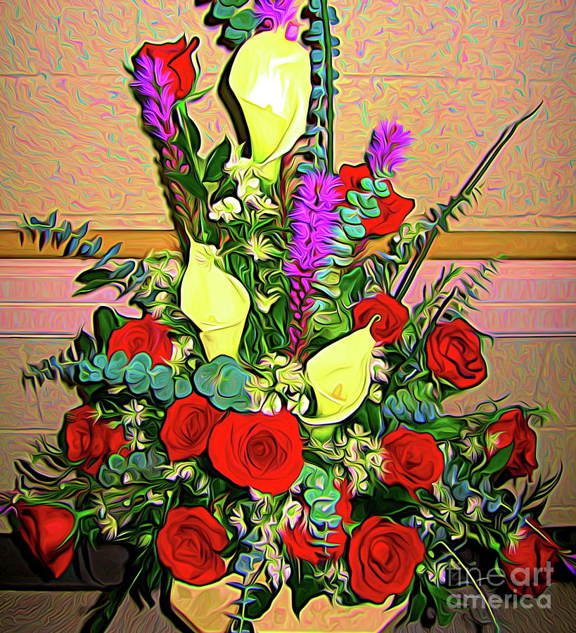 Calla Lilies and Red Roses Bouquet Abstract Expressionism Effect Photograph by Rose Santuci-Sofranko