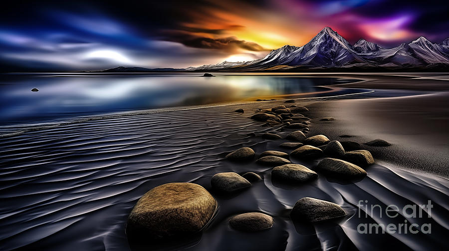 Calm beach landscape with stones and snowy mountain peak. Digital Art by Odon Czintos