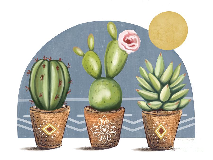 Calm Boho With Three Cactus I Painting by Elizabeth Robinette Tyndall