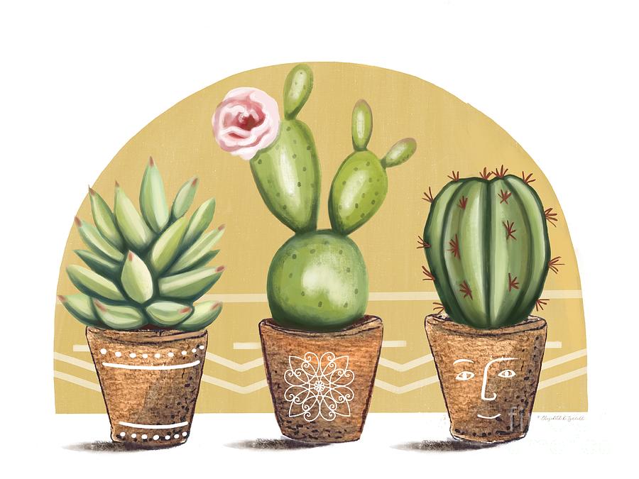 Calm Boho With Three Cactus II Painting by Elizabeth Robinette Tyndall