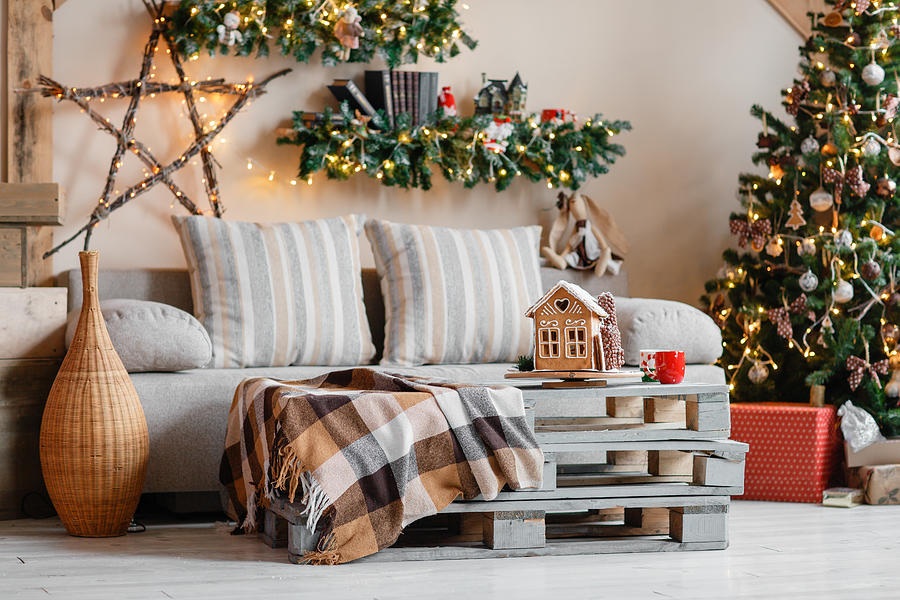 Calm image of interior modern home living room decorated christmas Photograph by Malkovstock