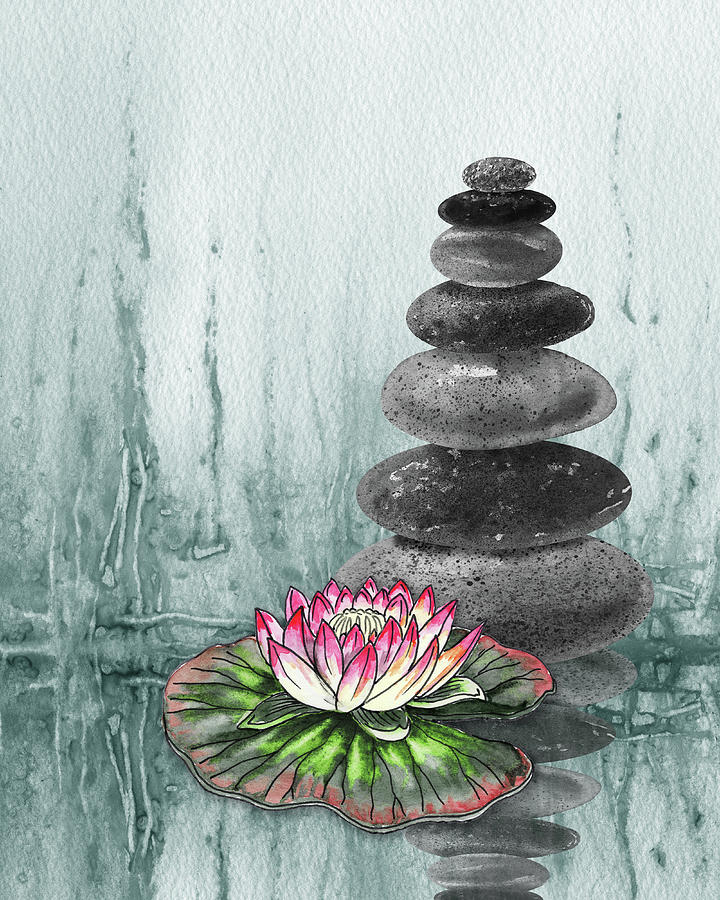 Calm Peaceful Relaxing Zen Rocks Cairn With Flower Meditative Spa Collection Watercolor Art II Painting by Irina Sztukowski