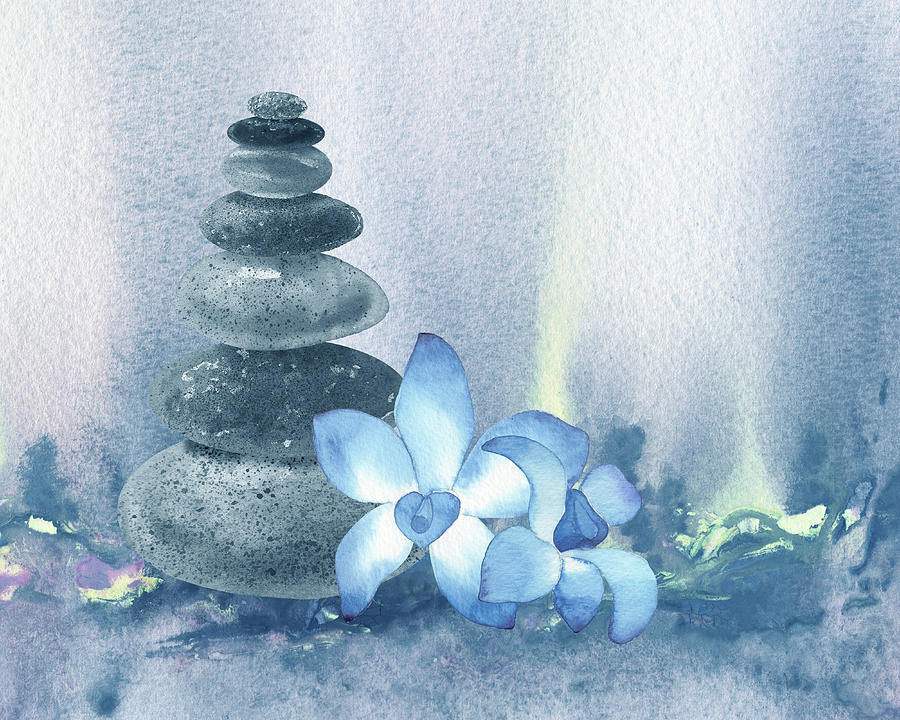 Calm Peaceful Relaxing Zen Rocks Cairn With Flower Meditative Spa Collection Watercolor Art III Painting by Irina Sztukowski