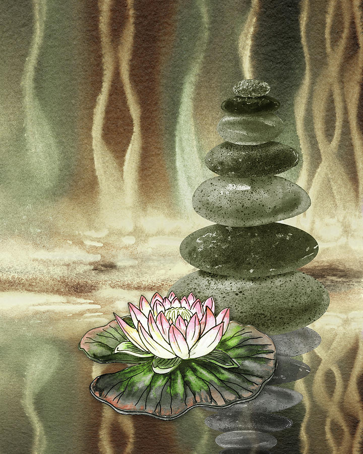 Calm Peaceful Relaxing Zen Rocks Cairn With Flower Meditative Spa Collection Watercolor Art IV Painting by Irina Sztukowski