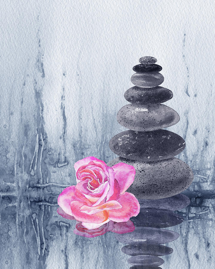 Calm Peaceful Relaxing Zen Rocks Cairn With Flower Meditative Spa Collection Watercolor Art V Painting by Irina Sztukowski