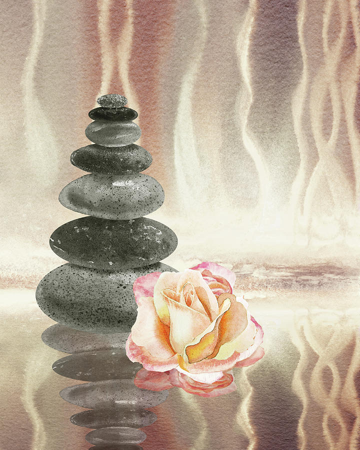 Calm Peaceful Relaxing Zen Rocks Cairn With Flower Meditative Spa Collection Watercolor Art VI Painting by Irina Sztukowski
