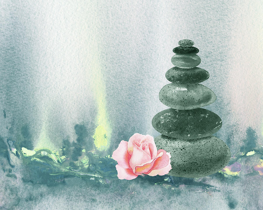 Calm Peaceful Relaxing Zen Rocks Cairn With Flower Meditative Spa Collection Watercolor Art VII Painting by Irina Sztukowski