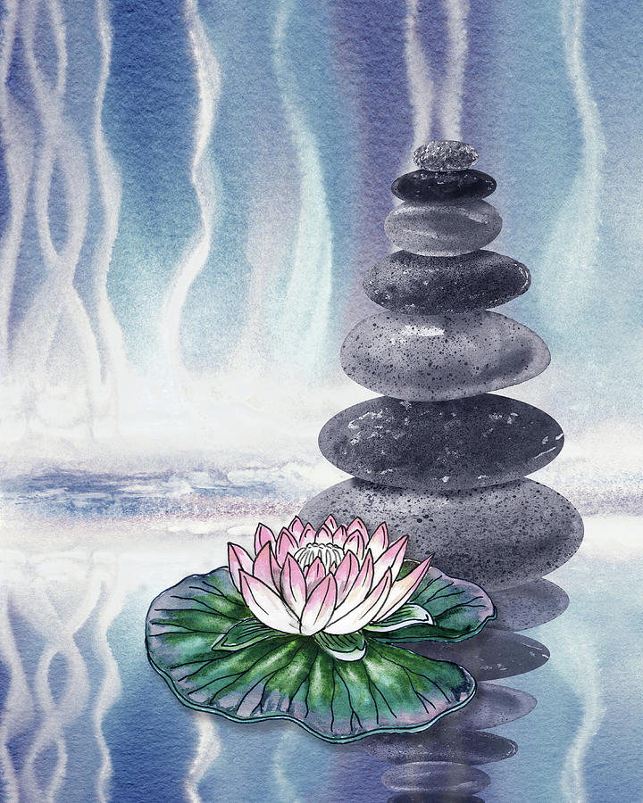 Calm Peaceful Relaxing Zen Rocks Cairn With Flower Meditative Spa Collection Watercolor Art VIII Painting by Irina Sztukowski