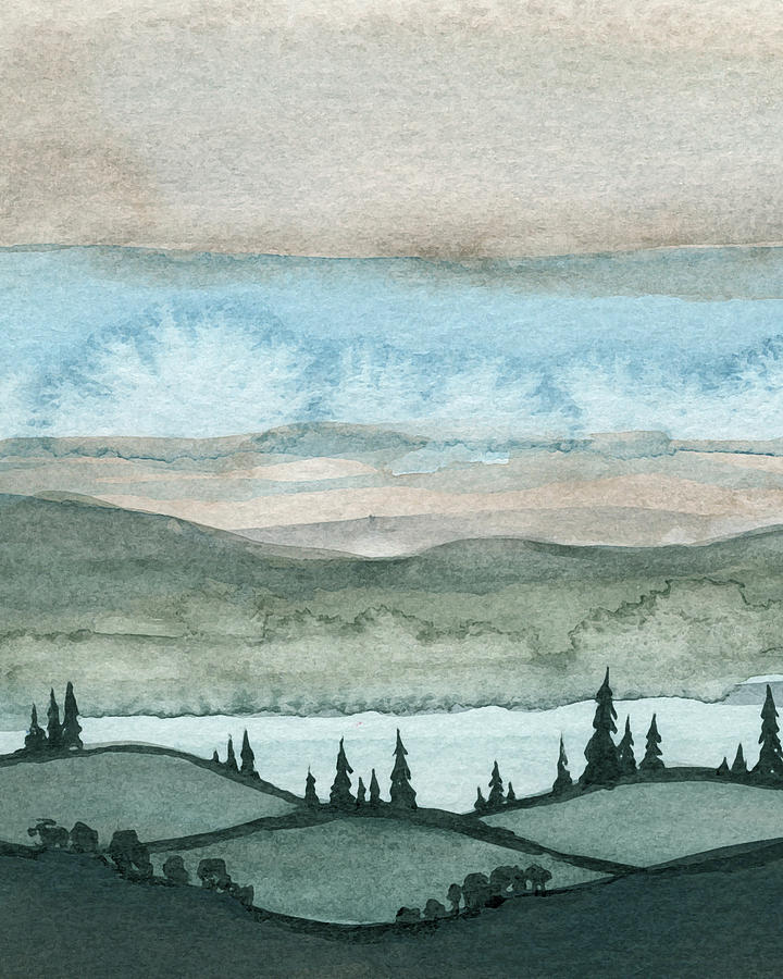 Calm Teal Blue Fog Above The River Watercolor Landscape Painting by Irina Sztukowski