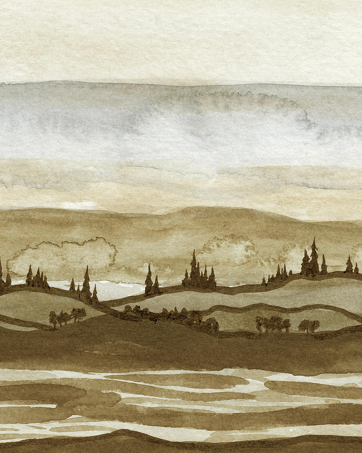 Calm Warm Beige River Hills And Forest Watercolor Landscape Painting by Irina Sztukowski