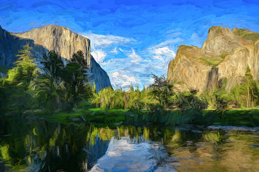 Calmness At Yosemite Valley - Digital Painting Digital Art by Joseph S Giacalone