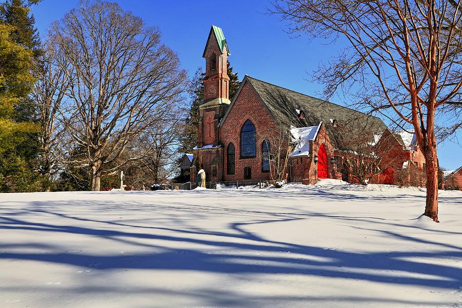 Calvary Episcopal Church In Snow With Red Doors Photograph