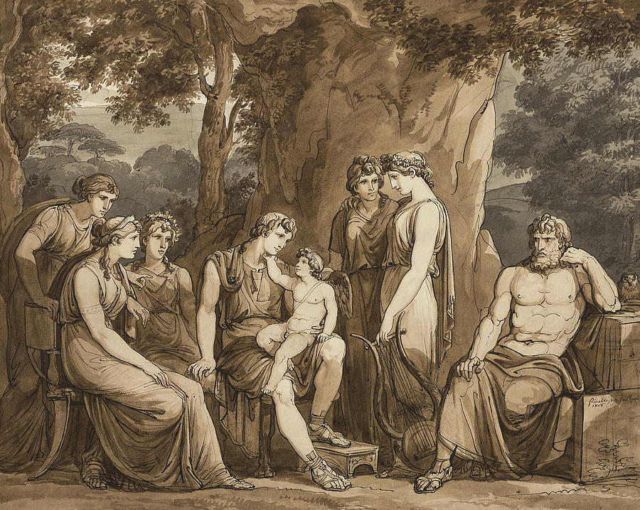 Calypso Watches Telemachus with Cupid on His Knee, While Mentor Watches in Anger Drawing by Bartolomeo Pinelli