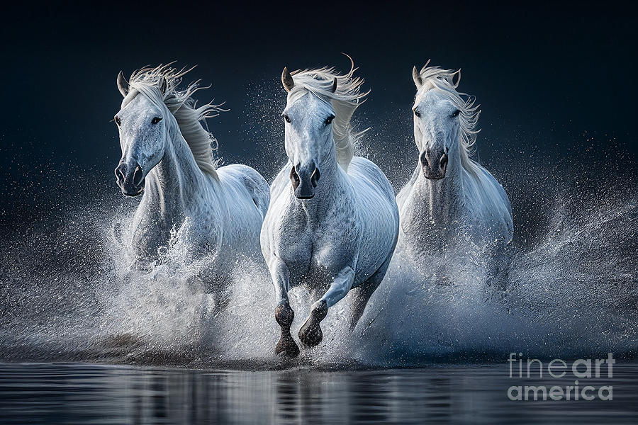 Horse Photograph - Camargue horses running in the water by Delphimages Photo Creations