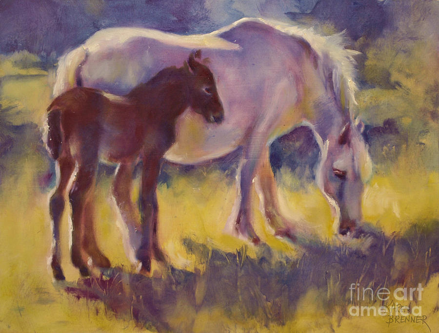 Horse Painting - Camargue Mares and Foals - Close by Mom by Karen Brenner