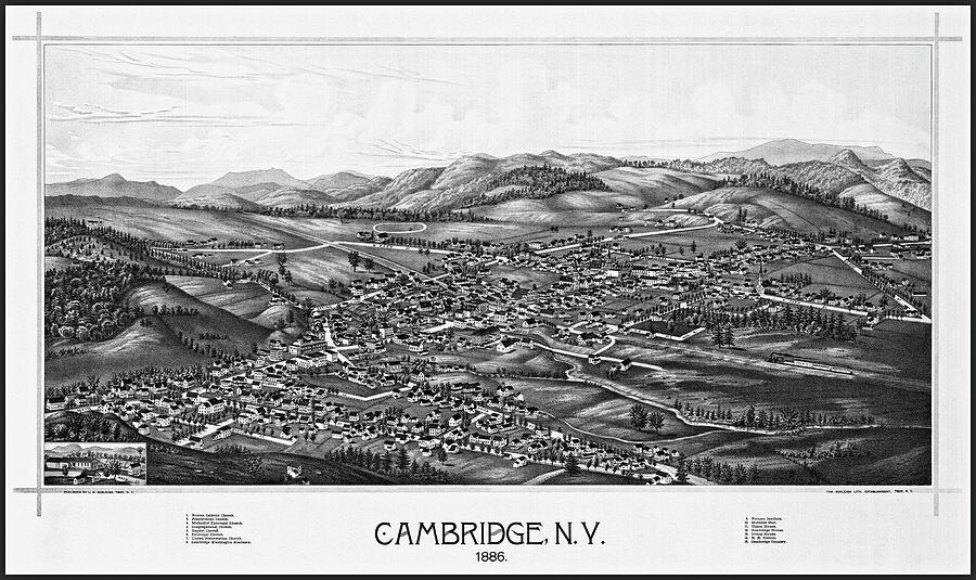 Cambridge New York Vintage Map Birds Eye View 1886 Black and White Photograph by Carol Japp