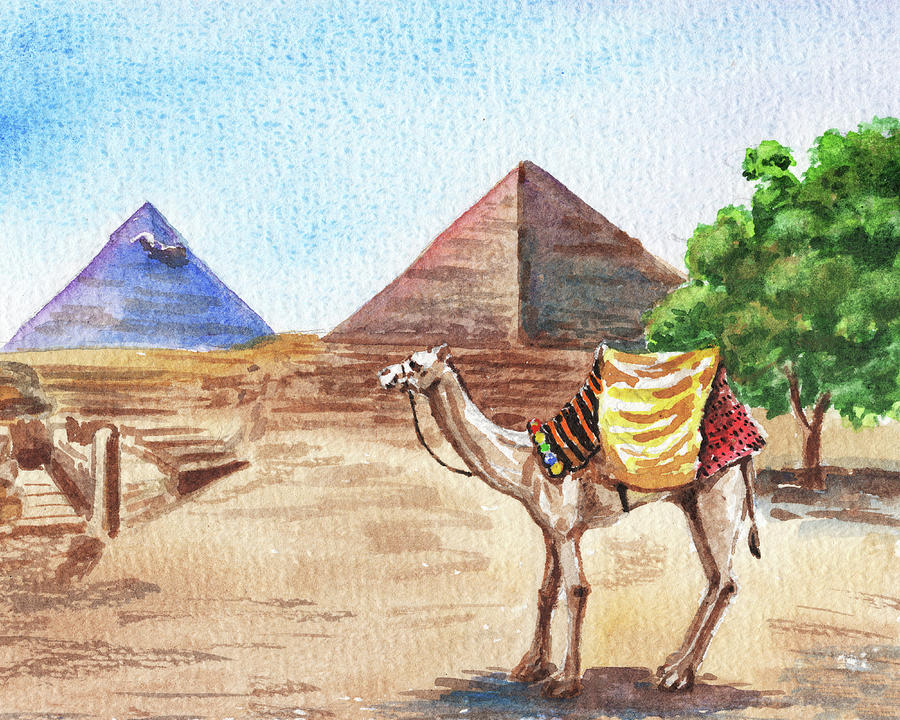 Camel At Giza Pyramids Egypt Watercolor  Painting by Irina Sztukowski