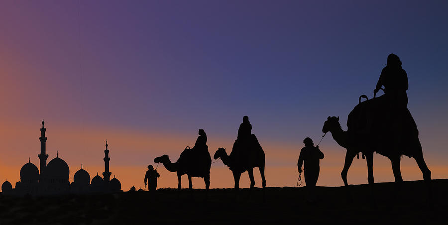 Camel caravan arriving at mosque, Abu Dhabi, United Arab Emirates Photograph by Lost Horizon Images